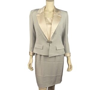 Saks Fifth Avenue Sunny Choi Skirt Suit Women 8 Grey Silk Trim Rhinestone Blazer